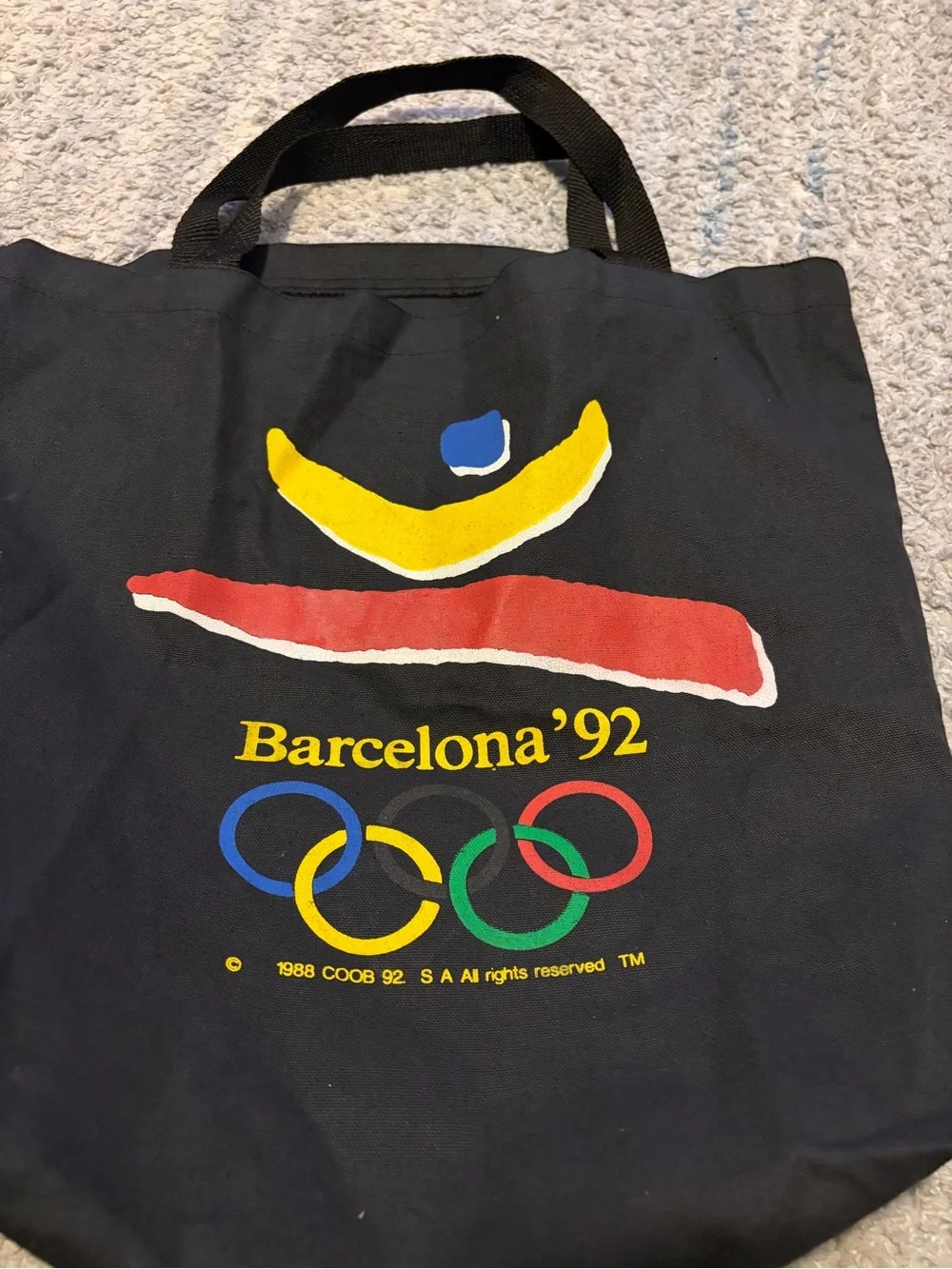 Vintage 1992 Barcelona Olympics Canvas Tote Bag Black USA Made Innovo 92 Rings